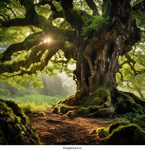 Sunlight shining through the forest canopy
