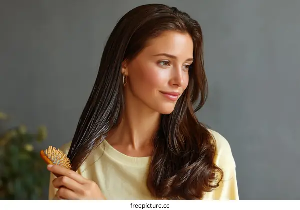 Woman with Wet Hair Brushing with Wooden Comb