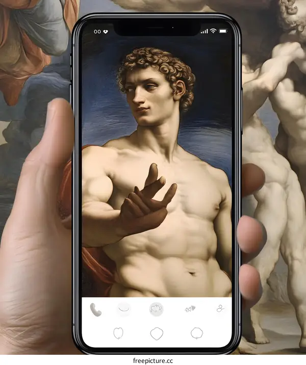 A Hand Holding a Smartphone Showing a Renaissance Painting