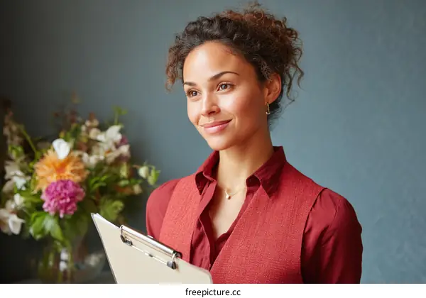 Business Woman Holding Clipboard Near Flowers