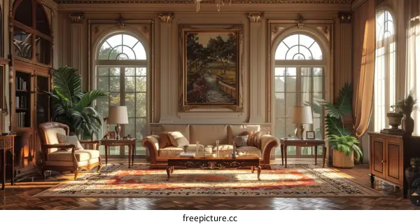 Luxurious Living Room with Panoramic Windows and Greenery