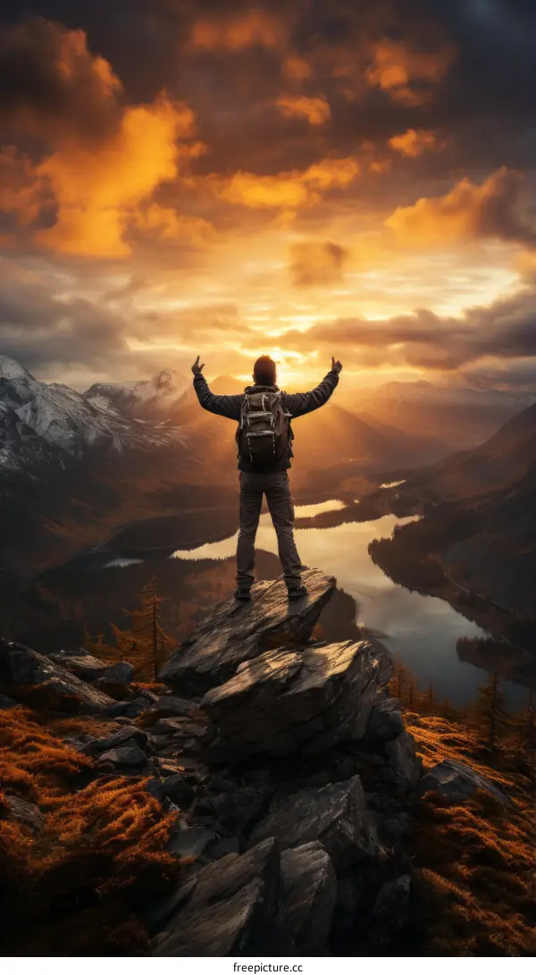 Man standing on a rock with his arms in the air, looking out over a beautiful mountain landscape