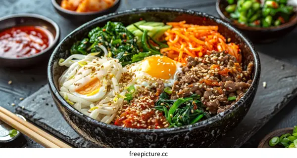 Delectable Korean Bibimbap Served in a Bowl with Accompanying Dishes