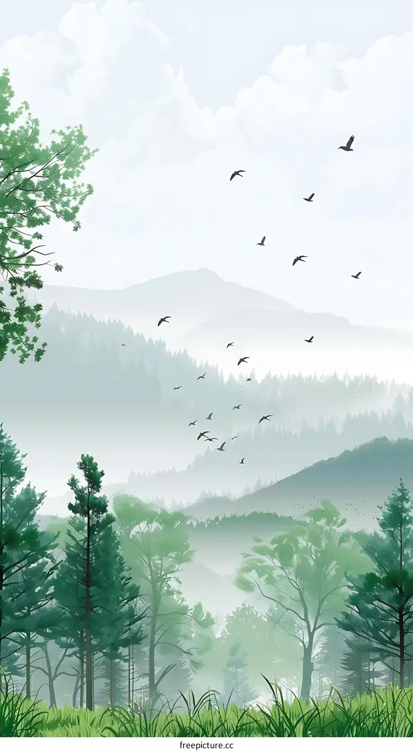 Green Mountain Forest Landscape with Birds