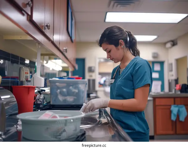 Young woman in blue uniform working in a lab