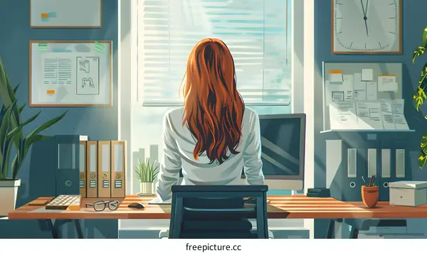 redhead woman sitting on chair in office looking out window