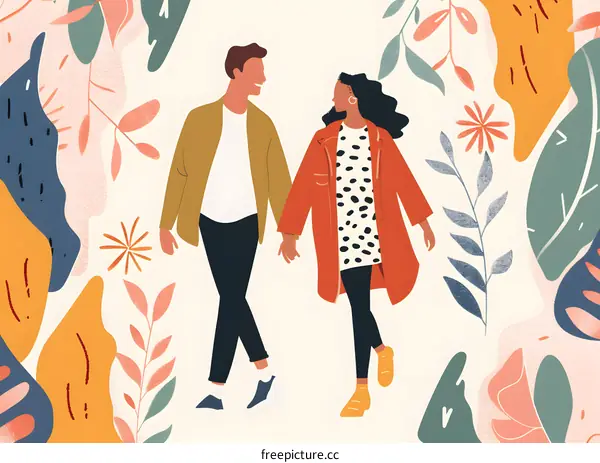 Couple Walking In Love  Amidst A Floral Frame