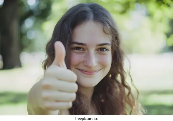 Smiling Woman Giving Thumbs Up in Park