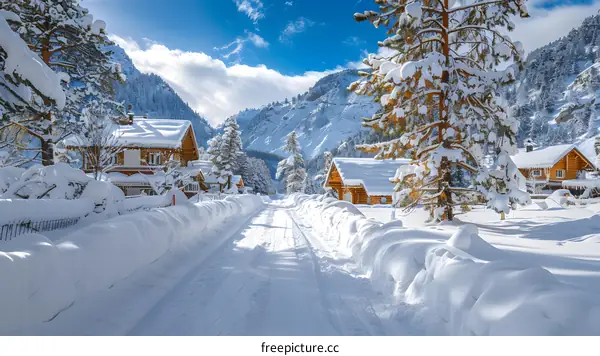 Snowy mountain village road