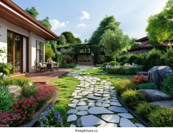 Modern Garden Design with Stone Path and House