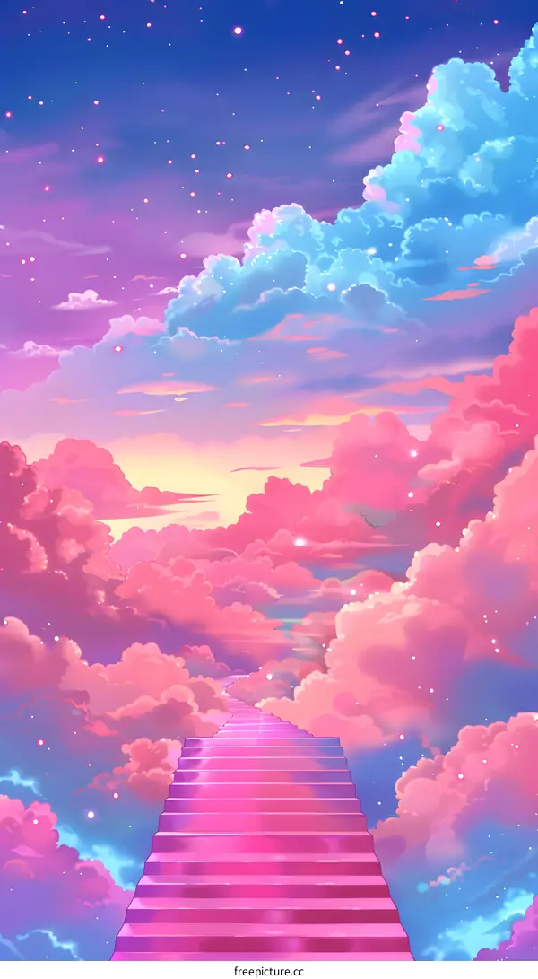 Pink Stairway to Heaven in Sky with Stars and Clouds