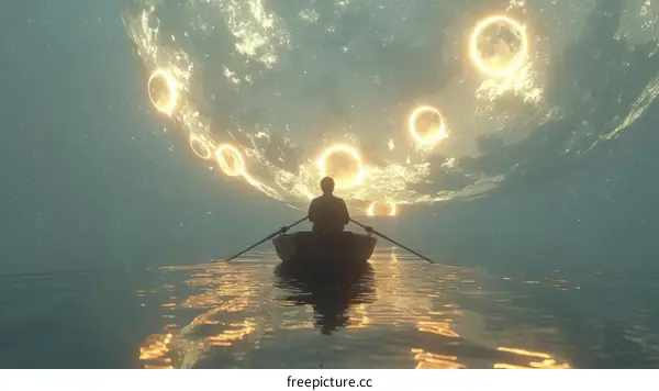 Man in a boat on a lake with a large moon in the background