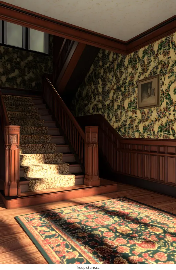 Vintage Home Staircase With Rug