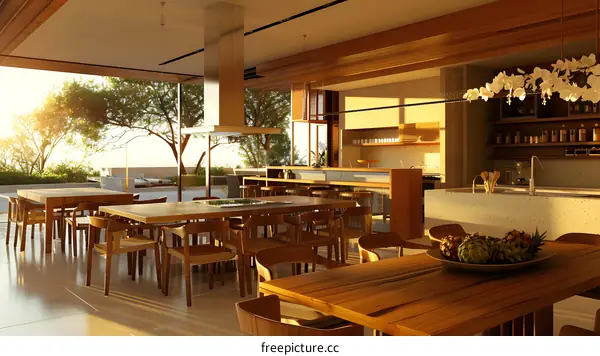 Modern Kitchen Design with Wooden Furniture and Sunlight