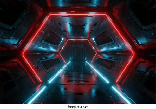 Futuristic Sci-Fi Corridor with Neon Lights and Geometric Design