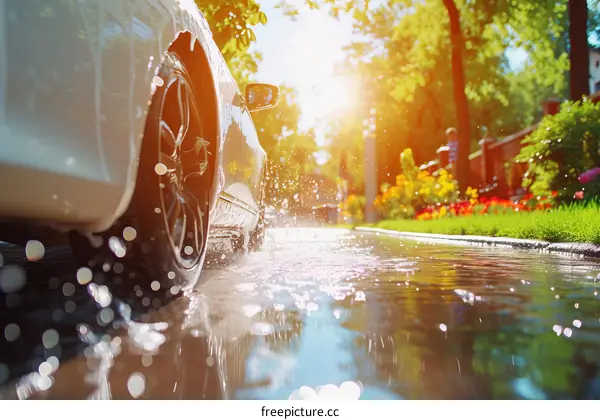 Car drives through a puddle on a sunny day