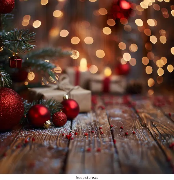 Red and gold Christmas ornaments on a wooden table