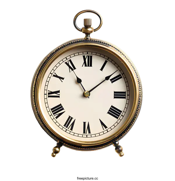 [Transparent Background PNG]Vintage Brass Alarm Clock with Roman Numerals