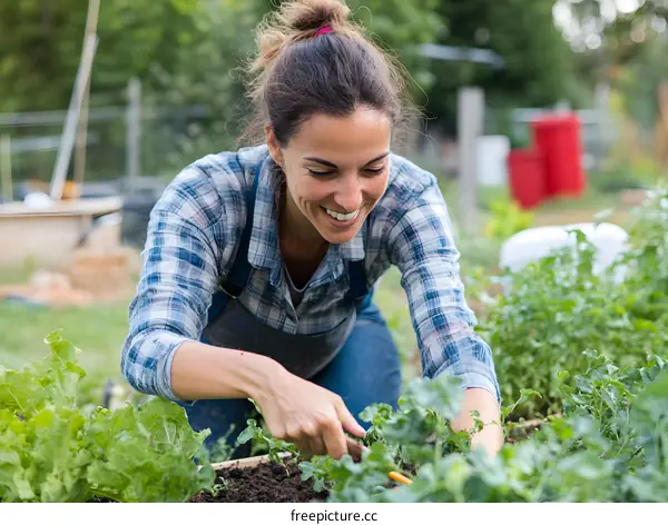 Happy Woman Gardening in a Garden