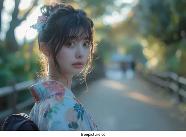 Asian Woman in Traditional Japanese Kimono Outdoors