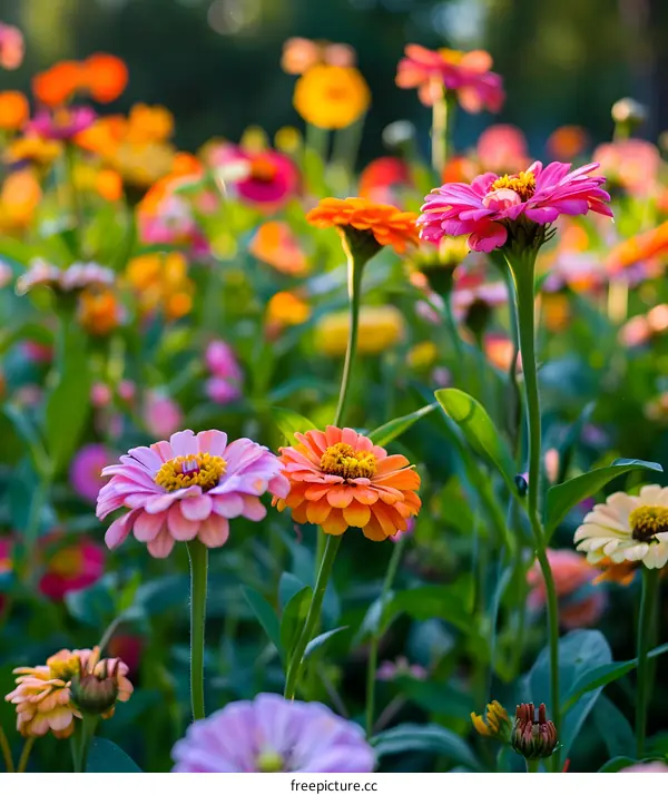 Close Up of Pink, Yellow, and Orange Zinnia Flowers
