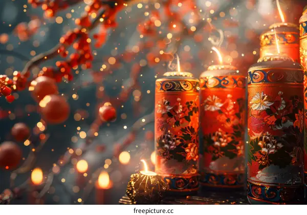 Three Candles Lit with Cherry Blossom