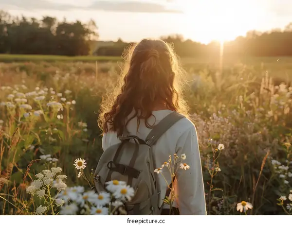 Woman with Backpack Walking in a Field of Flowers at Sunset