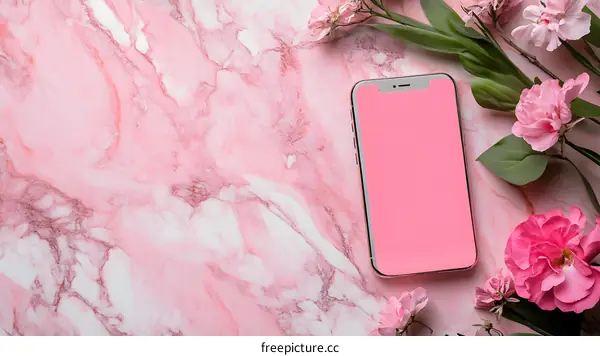 Pink Marble Background with Phone and Flowers
