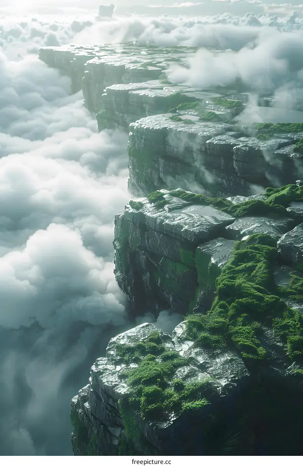 The mountain peak is covered with clouds and mist