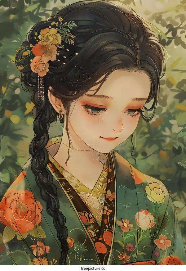 An illustration of a beautiful woman in a kimono with flowers in her hair