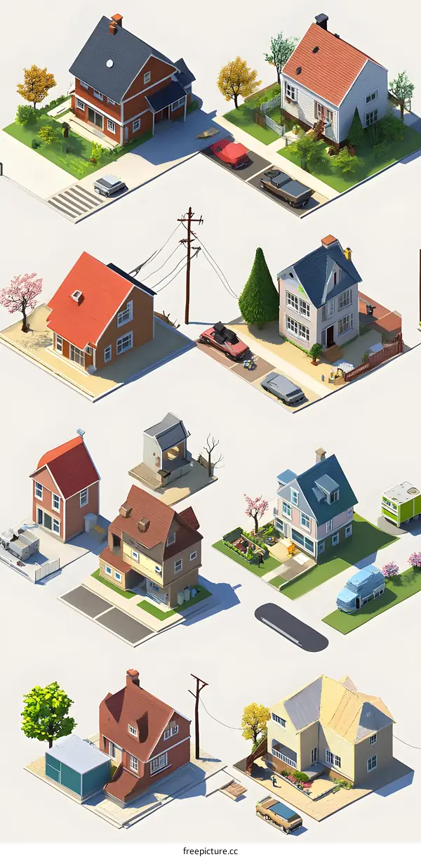 Collection of Isometric Illustrations of Houses and Cars