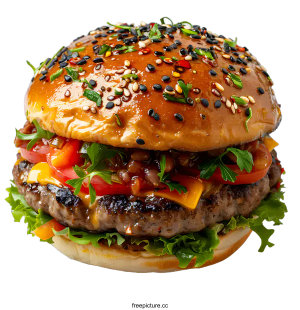 [Transparent Background PNG]Closeup of Delicious Burger with Sesame Seeds and Toppings