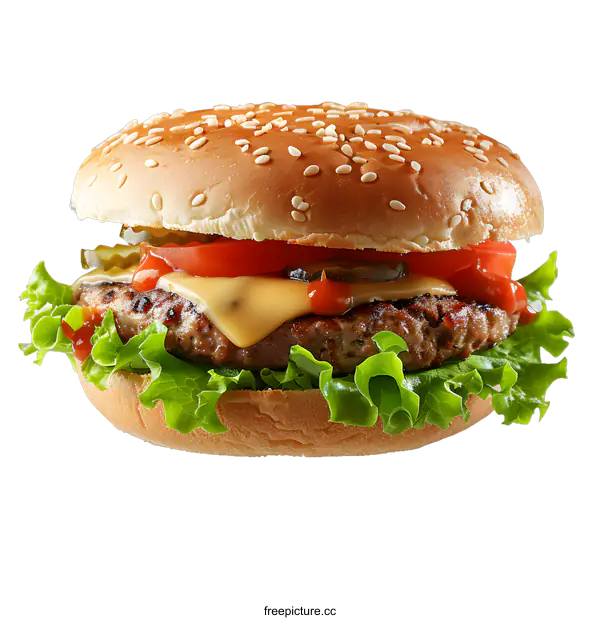 [Transparent Background PNG]Closeup of a Delicious Cheeseburger with Lettuce, Tomato, and Pickles