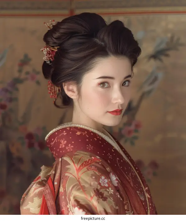 Portrait of a beautiful Japanese woman in traditional kimono