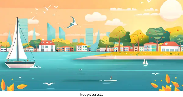 Beautiful Cityscape With Sailboats On The Water