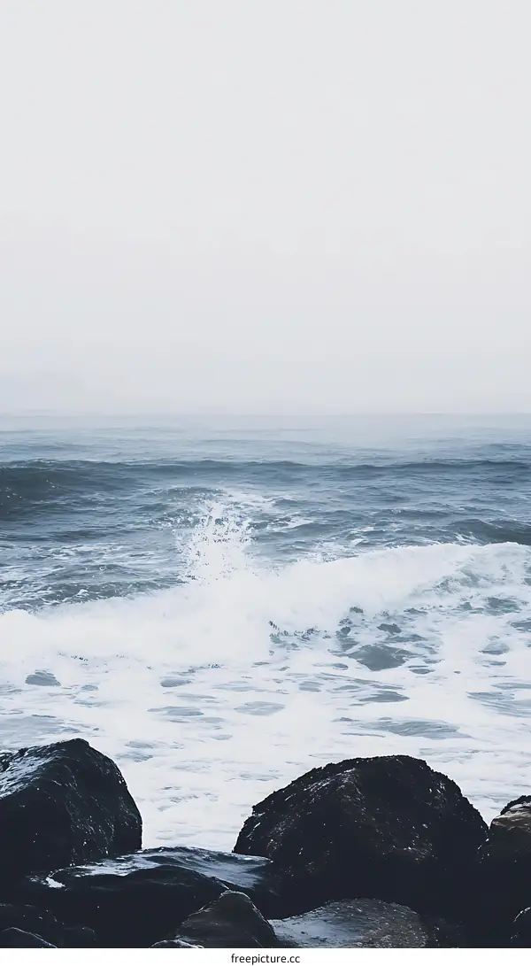 Ocean Waves Crashing on Rocks in a Foggy Day