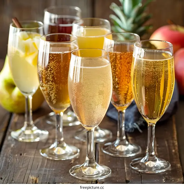 Closeup of Glasses of Sparkling Cider on a Wooden Table