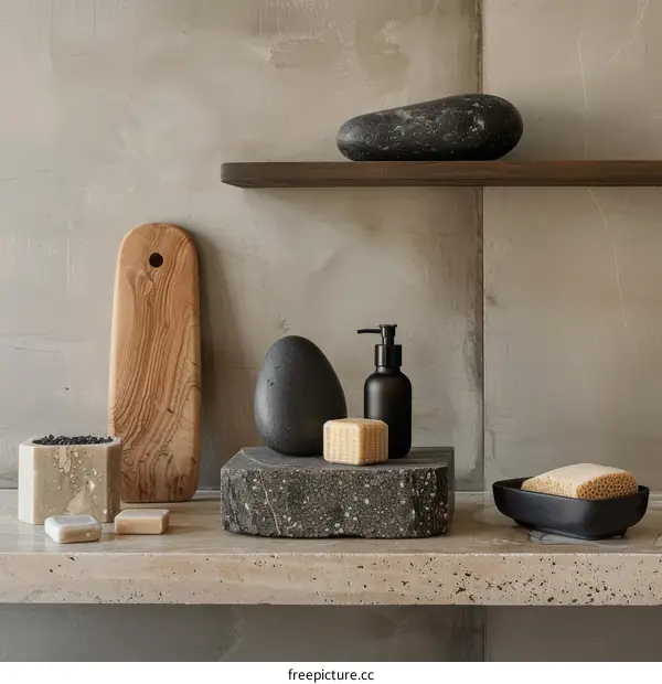 Black and wood bathroom accessories on marble shelf