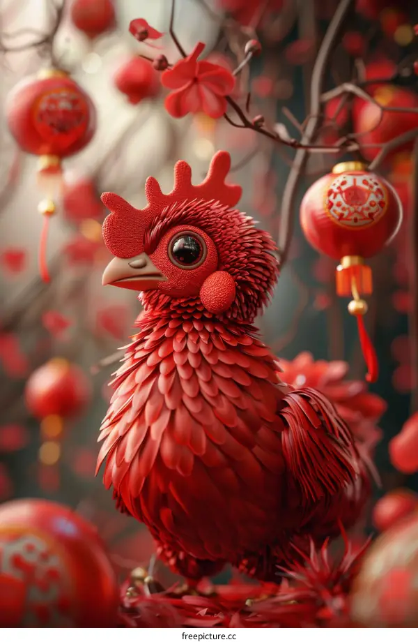 Red Rooster on Branch with Lanterns - Chinese New Year Symbol