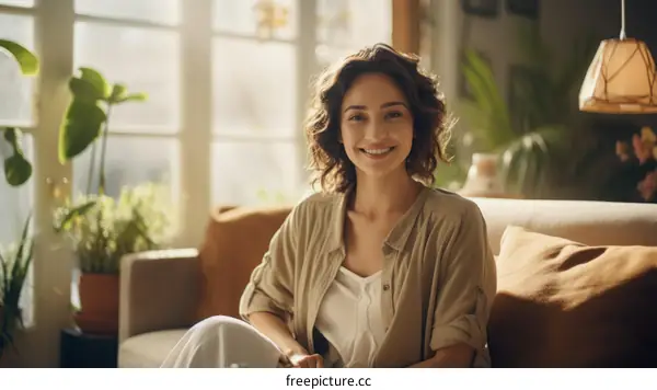 Portrait of a young woman sitting on a couch and smiling