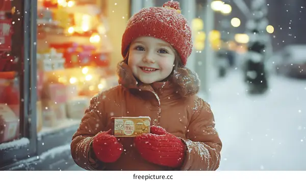 Smiling Girl in Winter Wonderland Holding Treats