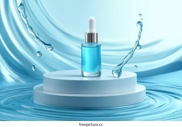 Blue Glass Bottle Product Display with Water Splash