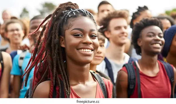 Smiling Woman With Red and Black Dreadlocks in a Crowd