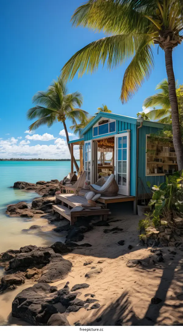 Beach hut on a tropical island with palm trees and white sand