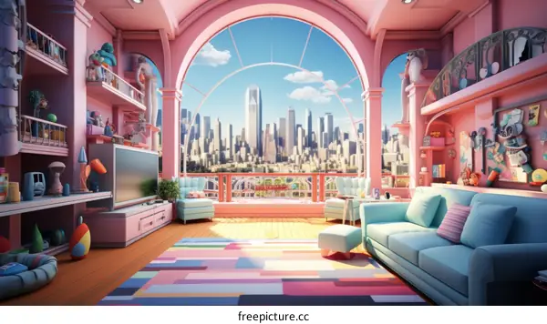 Pink Living Room with City Skyline View