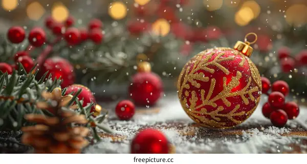 Christmas Ornaments on Snowy Table with Pine Cones