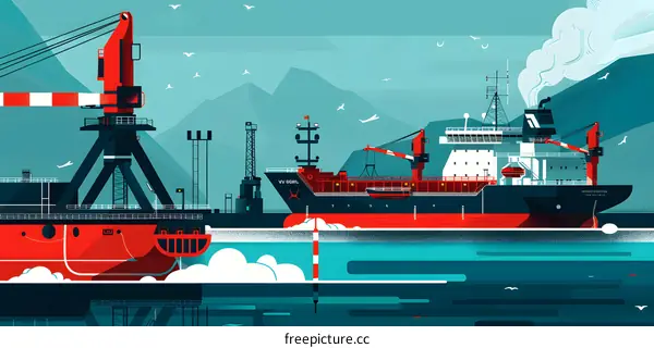 Cargo Ship Illustration with Crane and Seagulls