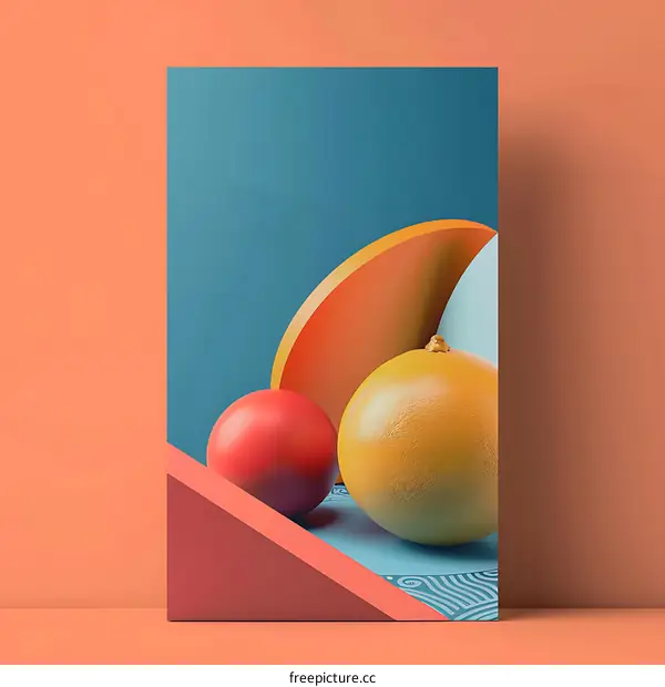 Abstract Geometric Design with Orange Fruit and 3D Shapes