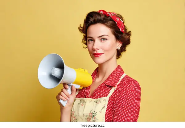 A woman holding a megaphone in a retro style outfit