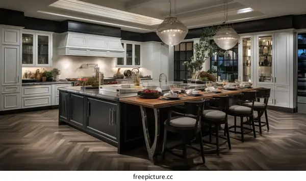 Black and white modern kitchen with large island and wood table